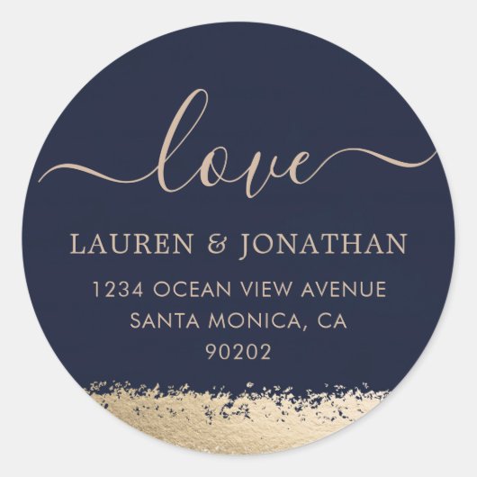Liefdesscript, marine en gouden folie bruiloft ronde sticker (Voorkant)