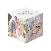 Liefdesscript met aangepaste namen en trouwfoto's kubus (Voorkant hoekig)