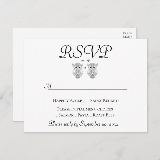 Liefdesuil RSVP Zwart & Wit Folk Art Trouwfeest Pa Uitnodiging Briefkaart (Voorkant / Achterkant)