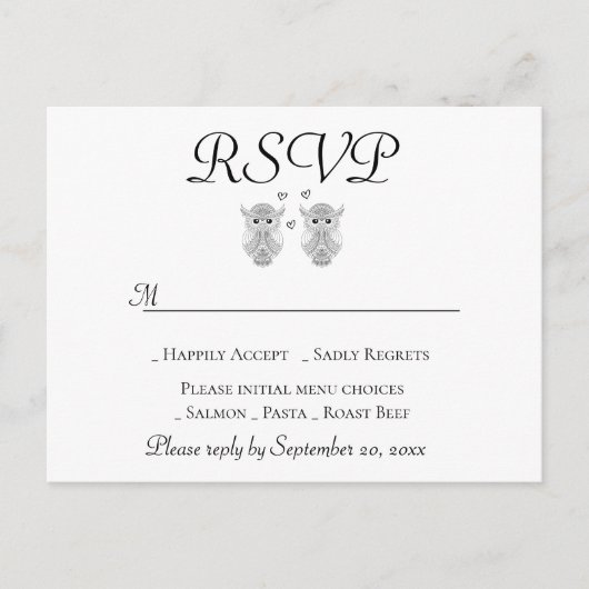 Liefdesuil RSVP Zwart & Wit Folk Art Trouwfeest Pa Uitnodiging Briefkaart (Voorkant)