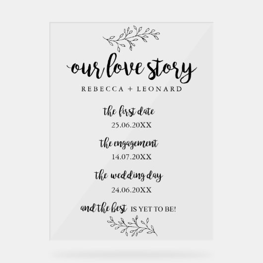 Liefdesverhaal tijdlijn Bruiloft Acryl Bord (Voorkant)