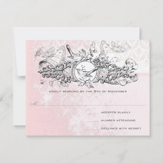 Liefdesvogel Roze Muzikale Scroll Monogram RSVP Kaartje (Voorkant)