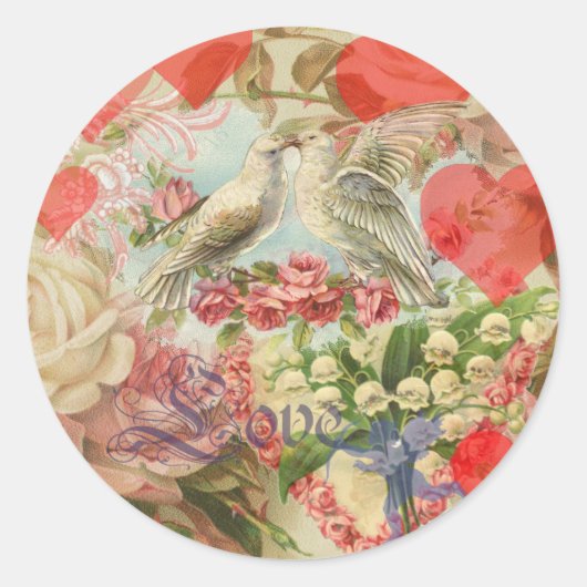 Liefdesvogels Antieke Hart Ronde Sticker (Voorkant)