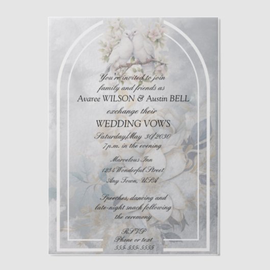 Liefdesvogels Bloemboog Trouw  Vellum Uitnodigingen (Voorkant)