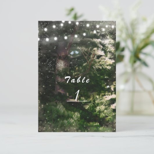 Liefdesvogels + Denneboom Nacht Trouwtafel Nummer Kaart (Staand voorkant)