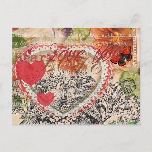 Liefdesvogels Hart Rode Kunstcollage Briefkaart (Voorkant)