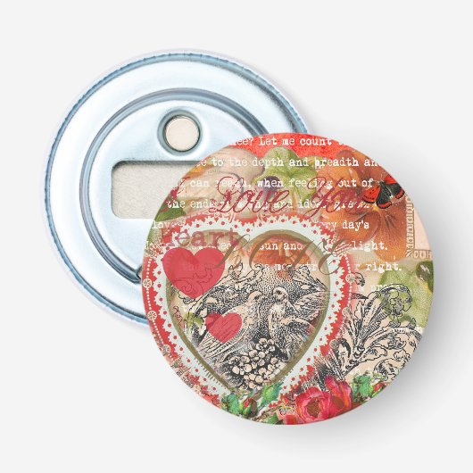 Liefdesvogels Hart Rode Kunstcollage Button Flesopener (Voorkant)