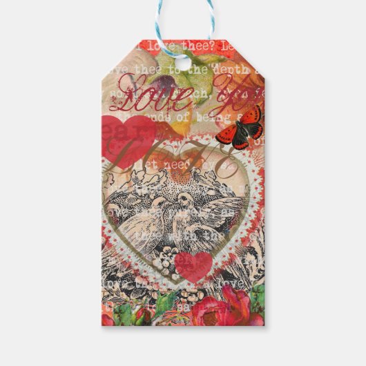 Liefdesvogels Hart Rode Kunstcollage Cadeaulabel (Voorkant)