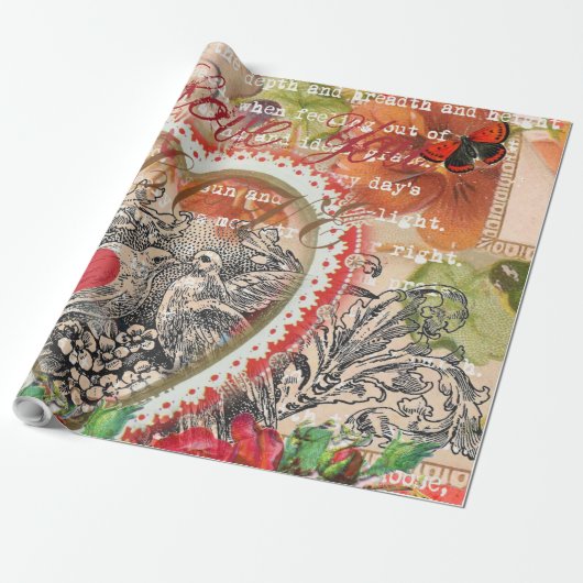 Liefdesvogels Hart Rode Kunstcollage Cadeaupapier (Uitgerold)