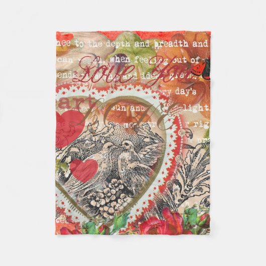 Liefdesvogels Hart Rode Kunstcollage Fleece Deken (Voorkant)