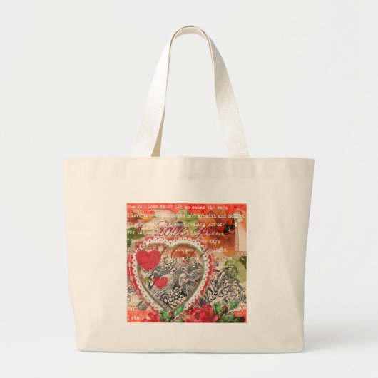 Liefdesvogels Hart Rode Kunstcollage Grote Tote Bag (Voorkant)