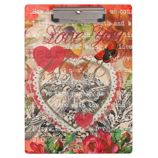 Liefdesvogels Hart Rode Kunstcollage Klembord (Voorkant)