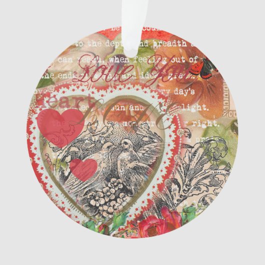 Liefdesvogels Hart Rode Kunstcollage Ornament (voorkant)
