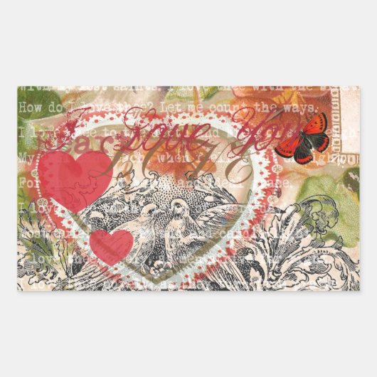 Liefdesvogels Hart Rode Kunstcollage Rechthoekige Sticker (Voorkant)