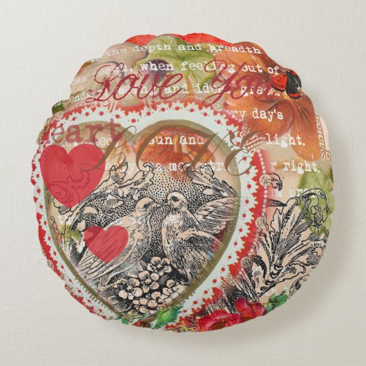 Liefdesvogels Hart Rode Kunstcollage Rond Kussen (Voorkant)