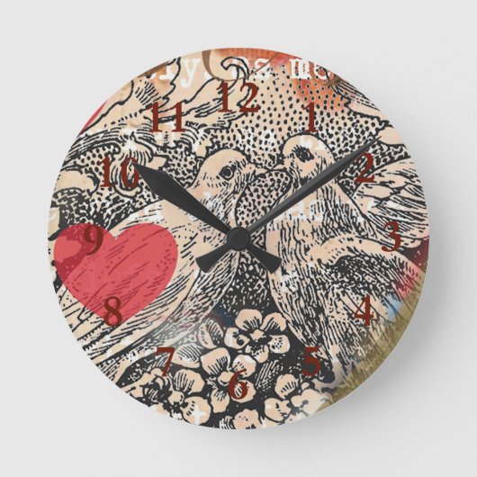 Liefdesvogels Hart Rode Kunstcollage Ronde Klok (Voorkant)