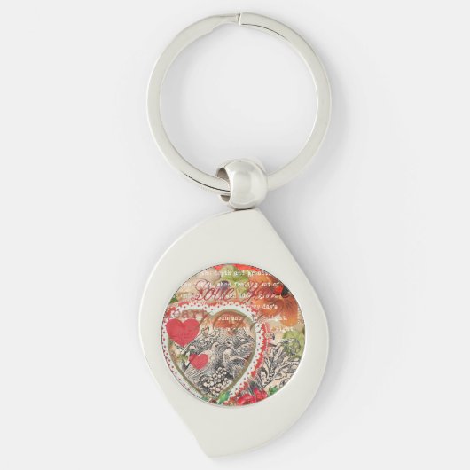 Liefdesvogels Hart Rode Kunstcollage Sleutelhanger (Voorkant)