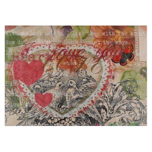 Liefdesvogels Hart Rode Kunstcollage Snijplank (Voorkant)