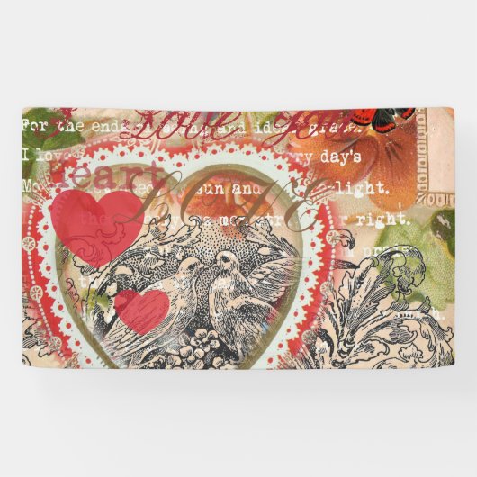 Liefdesvogels Hart Rode Kunstcollage Spandoek (Horizontaal)