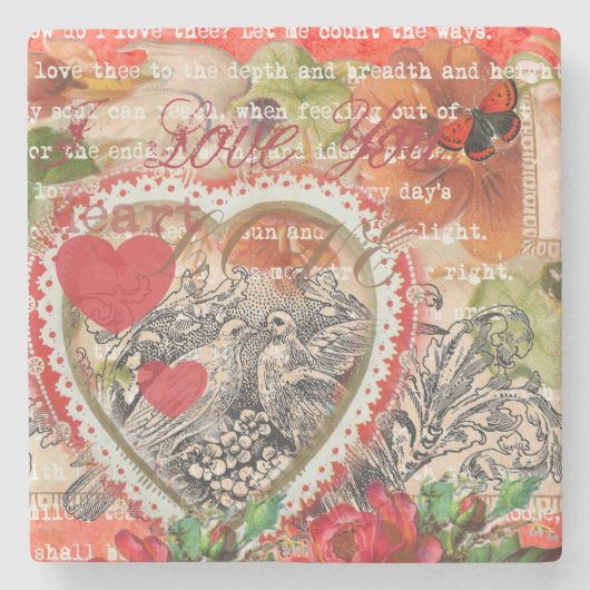 Liefdesvogels Hart Rode Kunstcollage Stenen Onderzetter (Voorkant)