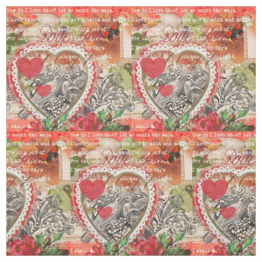 Liefdesvogels Hart Rode Kunstcollage Stof (Swatch)