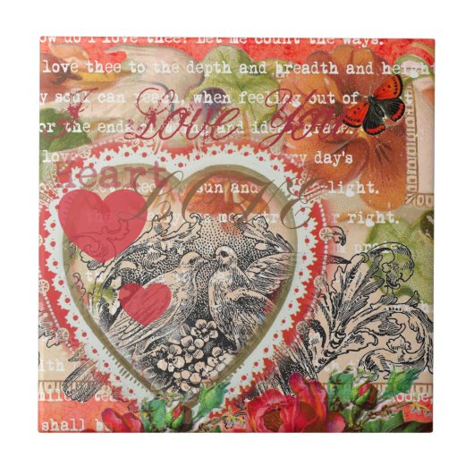 Liefdesvogels Hart Rode Kunstcollage Tegeltje (Voorkant)