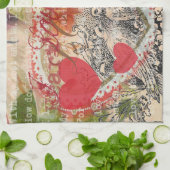 Liefdesvogels Hart Rode Kunstcollage Theedoek (Gevouwen)
