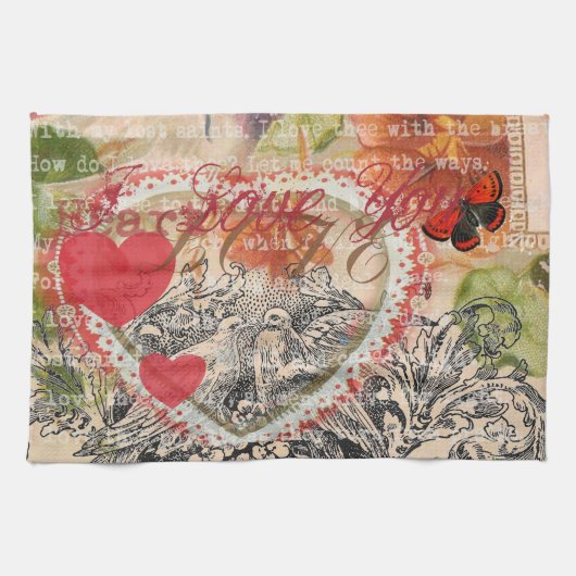 Liefdesvogels Hart Rode Kunstcollage Theedoek (Horizontaal)