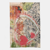 Liefdesvogels Hart Rode Kunstcollage Theedoek (Verticaal)