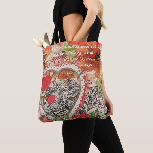 Liefdesvogels Hart Rode Kunstcollage Tote Bag (Dichtbij)
