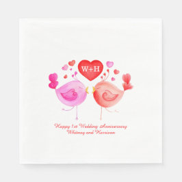Liefdesvogels hart roze rood 1e trouwdag servetten