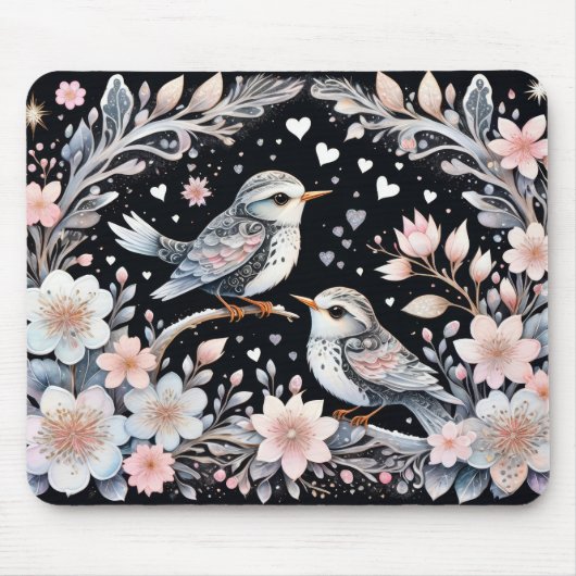 Liefdesvogels in kerstachtergrond muismat (Voorkant)
