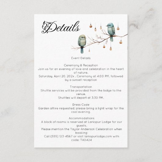 Liefdesvogels in landelijke bossen  Romantisch Huw Informatiekaartje (Voorkant)