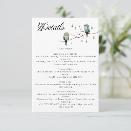 Liefdesvogels in landelijke bossen  Romantisch Huw Informatiekaartje (Staand voorkant)