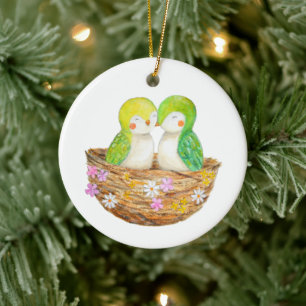 Liefdesvogels Koppel's Eerste Kerstmis Samen Maatw Keramisch Ornament