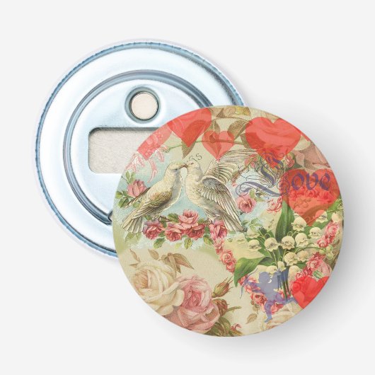 Liefdesvogels Vintage Antieke Hart Button Flesopener (Voorkant)