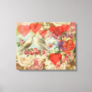 Liefdesvogels Vintage Antieke Hart Canvas Afdruk