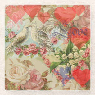 Liefdesvogels Vintage Antieke Hart Glazen Onderzetter