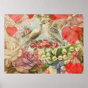 Liefdesvogels Vintage Antieke Hart Poster