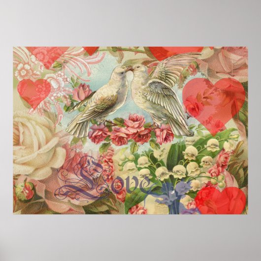 Liefdesvogels Vintage Antieke Hart Poster (Voorkant)
