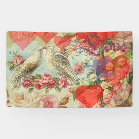 Liefdesvogels Vintage Antieke Hart Spandoek (Horizontaal)