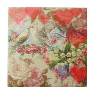 Liefdesvogels Vintage Antieke Hart Tegeltje