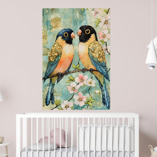 liefdesvogels zitten op een bloeiende tak. poster