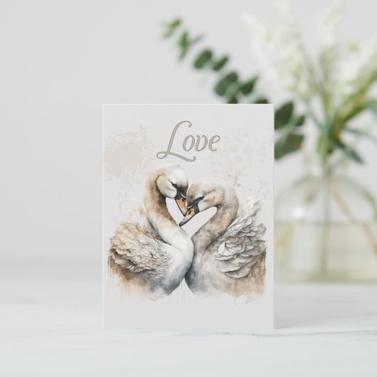 Liefdeszwanen romantische bruiloft briefkaart (Staand voorkant)
