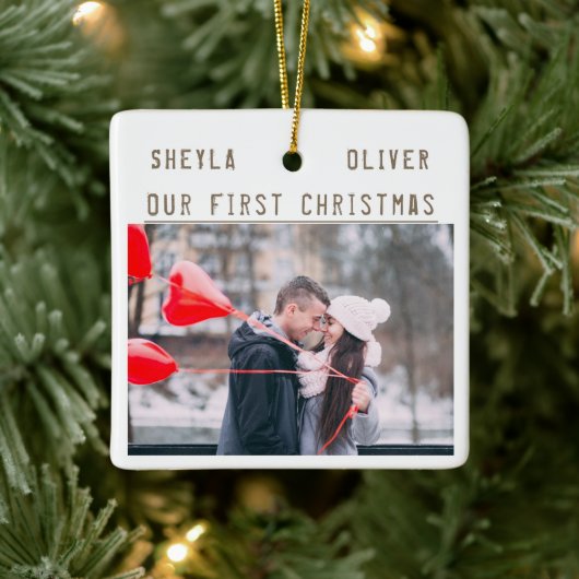 Liefdevol Koppel 1e Kerstmis Keepsake 2 Foto's Keramisch Ornament (Boom)