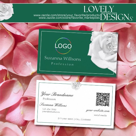 Liefdevol Witte Roos op Groen met Logo en QR Code Visitekaartje