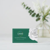 Liefdevol Witte Roos op Groen met Logo en QR Code Visitekaartje (Staand voorkant)