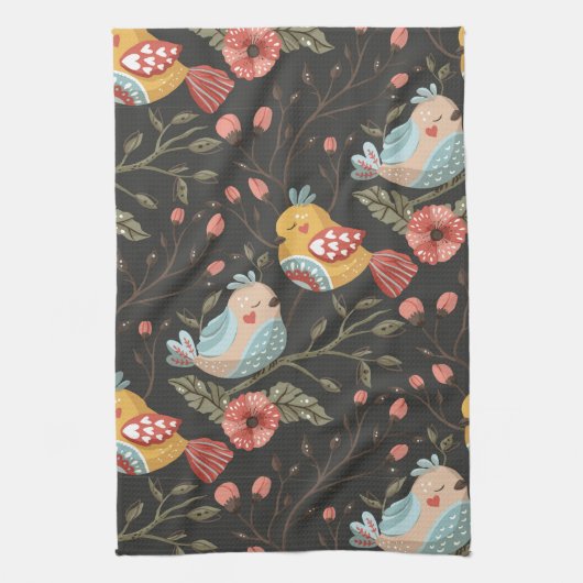 Liefdevolle Boho vogels bloemenpatroon Theedoek (Verticaal)