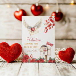 Liefdevolle Gevleugelde Envelop en Rozen Valentijn Notitiekaartje