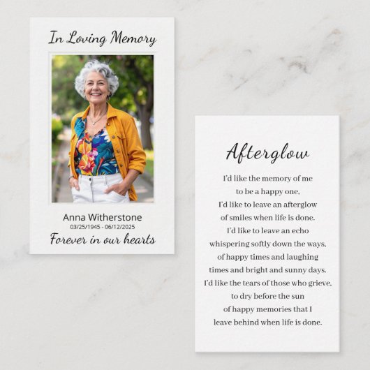 Liefdevolle herinnering Custom Photo Funeral Memor Visitekaartje (Voorkant / Achterkant)